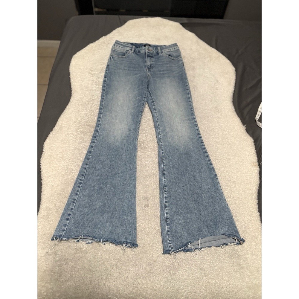 Express FlexX 70s Flare Jeans Mid Rise Hyper Stretch M Reg 6 8 10 Raw Hem